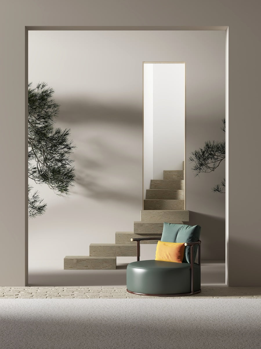 brown wooden framed orange padded armchair