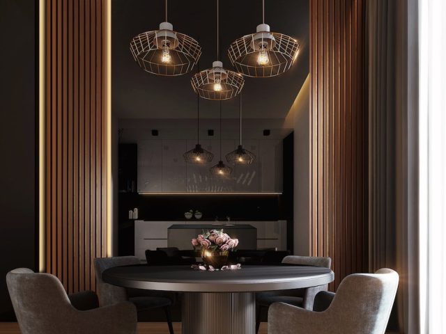 Gray Dining Table Under Pendant Lamps