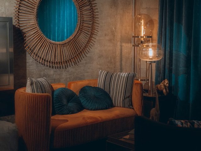 red and blue sofa chair